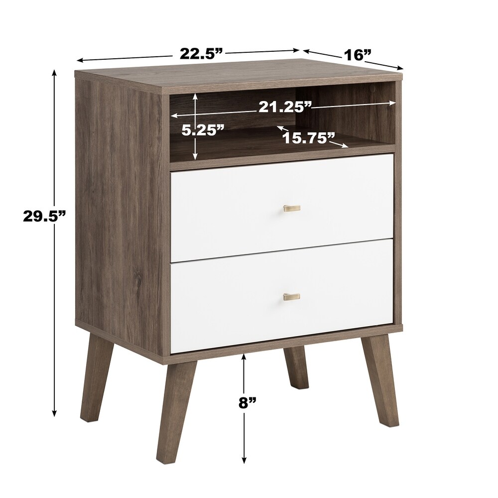 Prepac Milo Mid Century Modern 2 Drawer Nightstand with Open Shelf  Bedside Table  Contemporary Bedroom Furniture