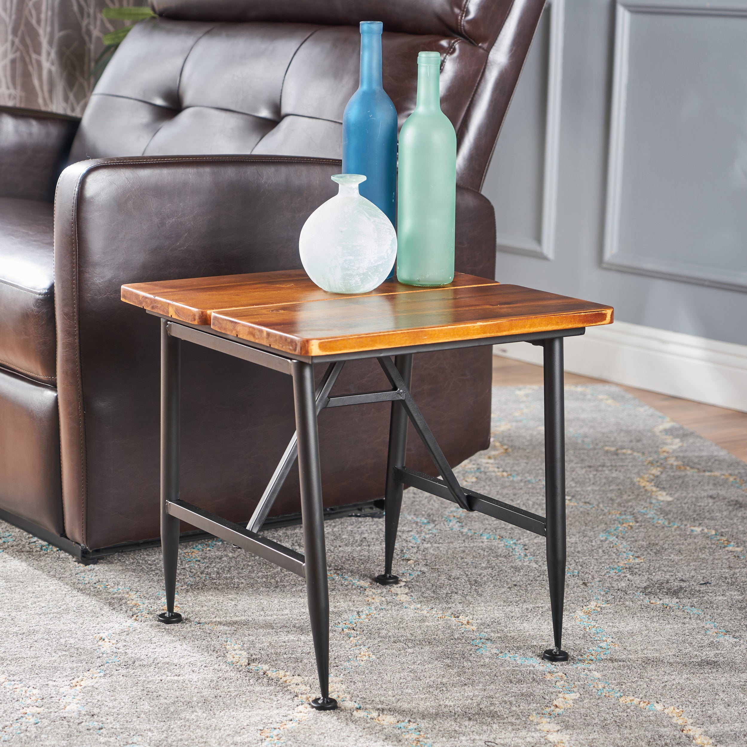 Ellaria Outdoor Rustic Industrial Acacia Wood End Table with Metal Frame, Teak and Black