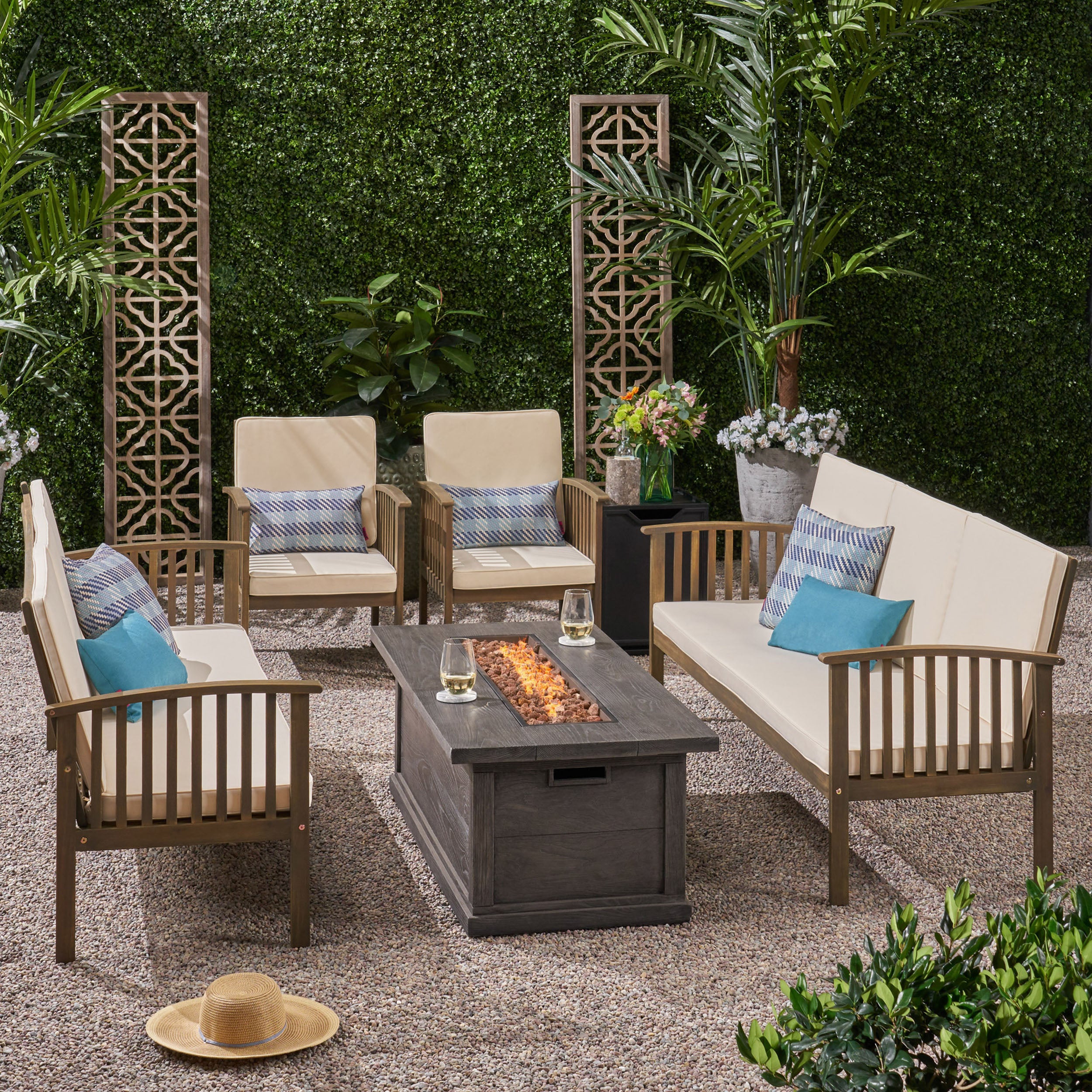 Karen Outdoor 6 Piece Acacia Wood Sofa Conversational Set with Fire Pit