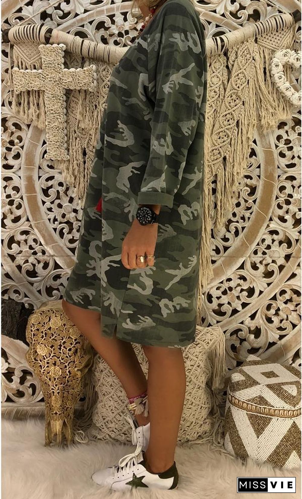 Cotton Long Sleeve Casual Printed Dresses