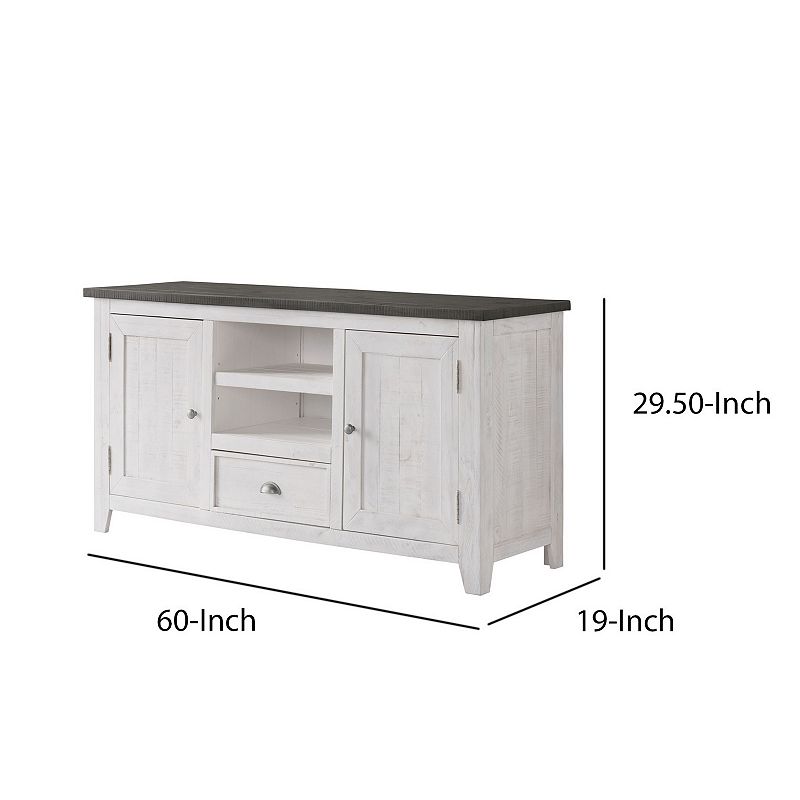 Coastal Wooden TV Stand with 2 Cabinets and 1 Drawer， White and Gray