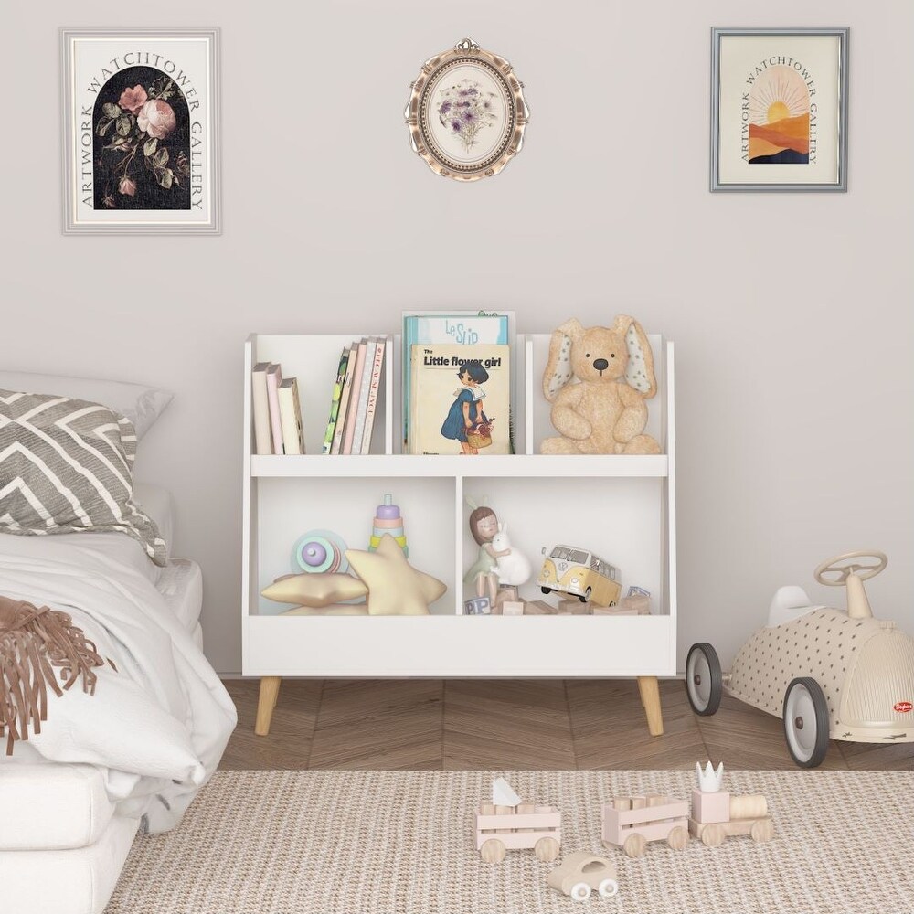 White 5 Cubbies Wooden Kids Open Bookcase and Toy Organizer