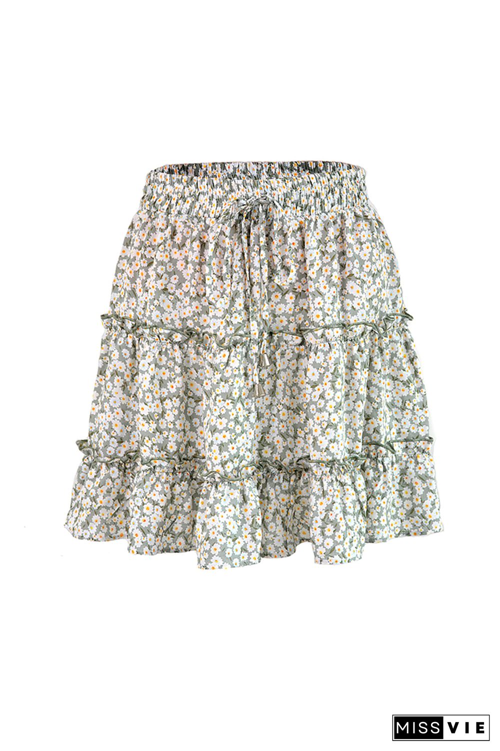 Floral Print Ruffle Drawstring A-line Mini Skirt Wholesale