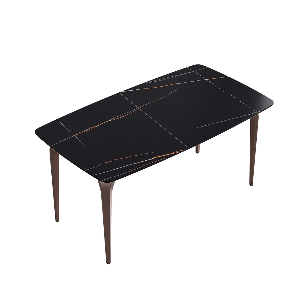 63 Inch Black Artificial Stone and Metal Leg Dining Table for 6 People