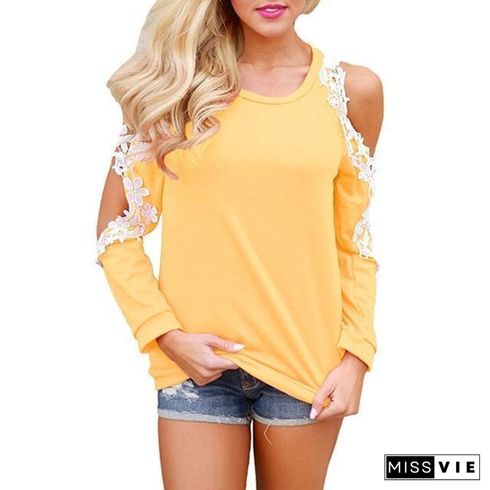 Women Cold Shoulder Long Sleeve Lace Blouse Causal Loose Solid Tops Tees