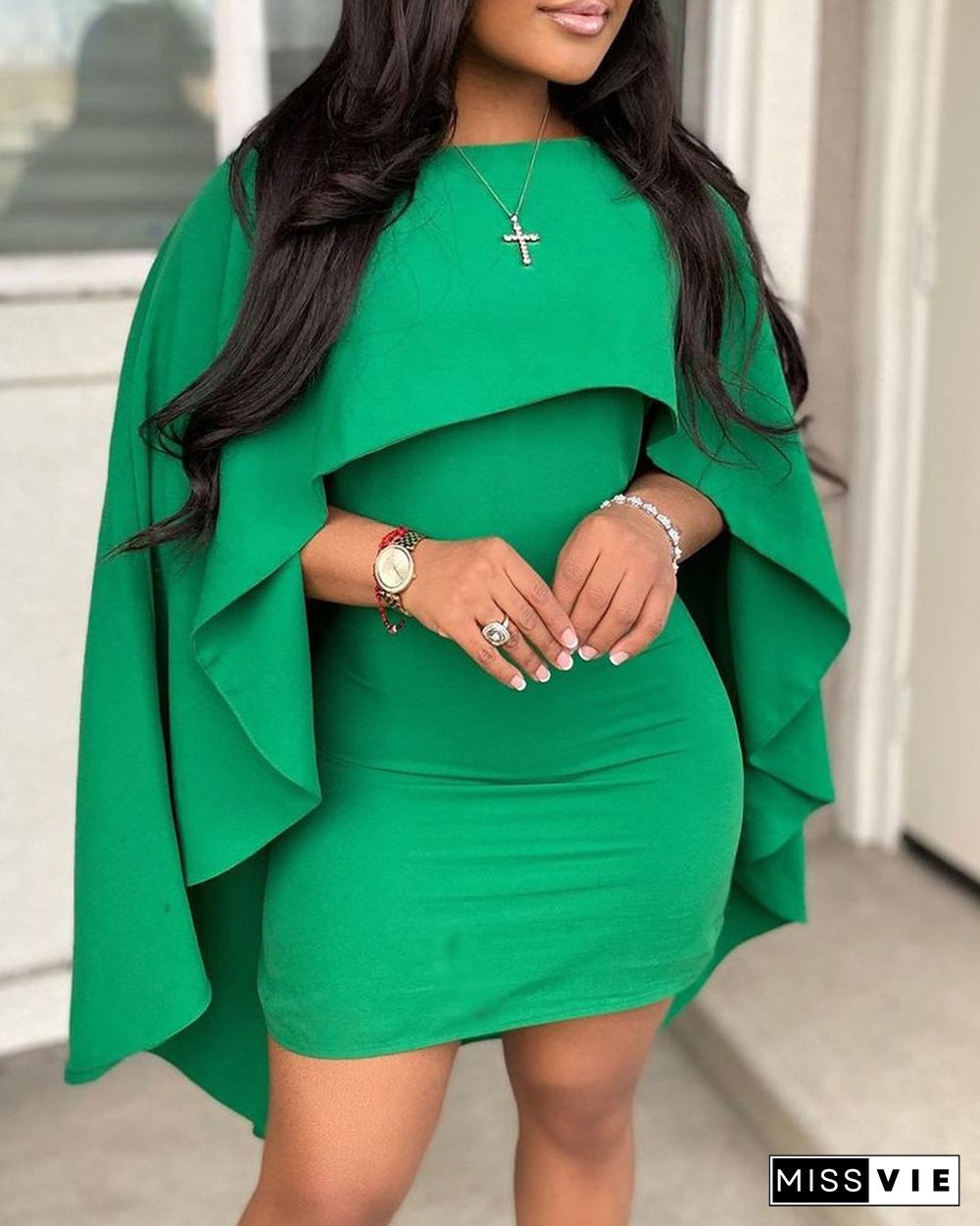 Plain Cape Sleeve Bodycon Dress