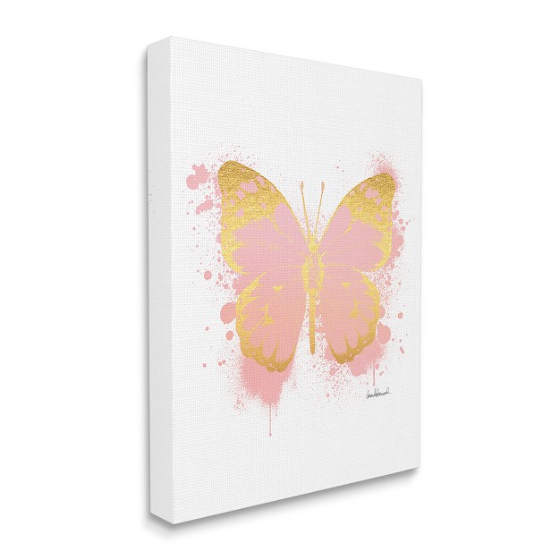 Stupell Industries Glam Pink Gold Butterfly Abstract Paint Splatter Gallery Wrapped Canvas Wall Art 24 X 30