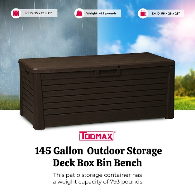 Toomax Florida Weather Resistant Heavy Duty 145 Gallon Novel Plastic Outdoor Storage Deck Box With Lockable Lid And 793 Pound Weight Capacity Brown