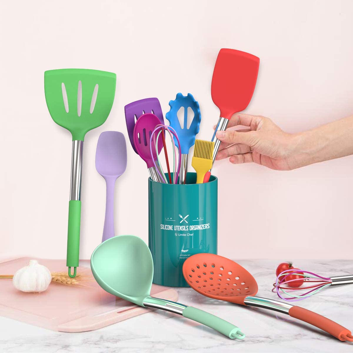 Umite Chef Kitchen Utensils Set, 15 pcs Silicone Cooking Kitchen Utensils Set, Heat Resistant Non-stick BPA-Free Silicone Stainless Steel Handle Turner Spatula Spoon Tongs Whisk Cookware - Colorful