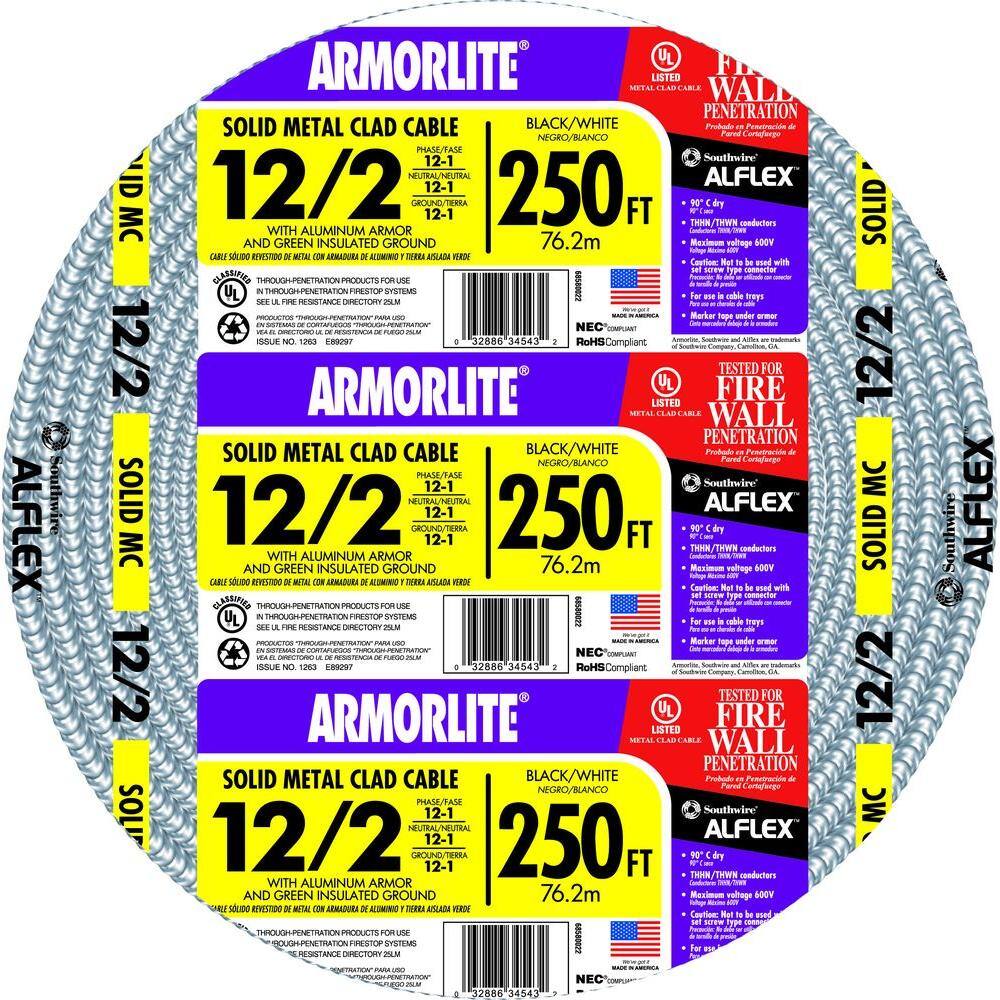 Southwire 250 ft. 12-Gauge2-Gauge Solid CU MC (Metal Clad) Armorlite Cable 68580055