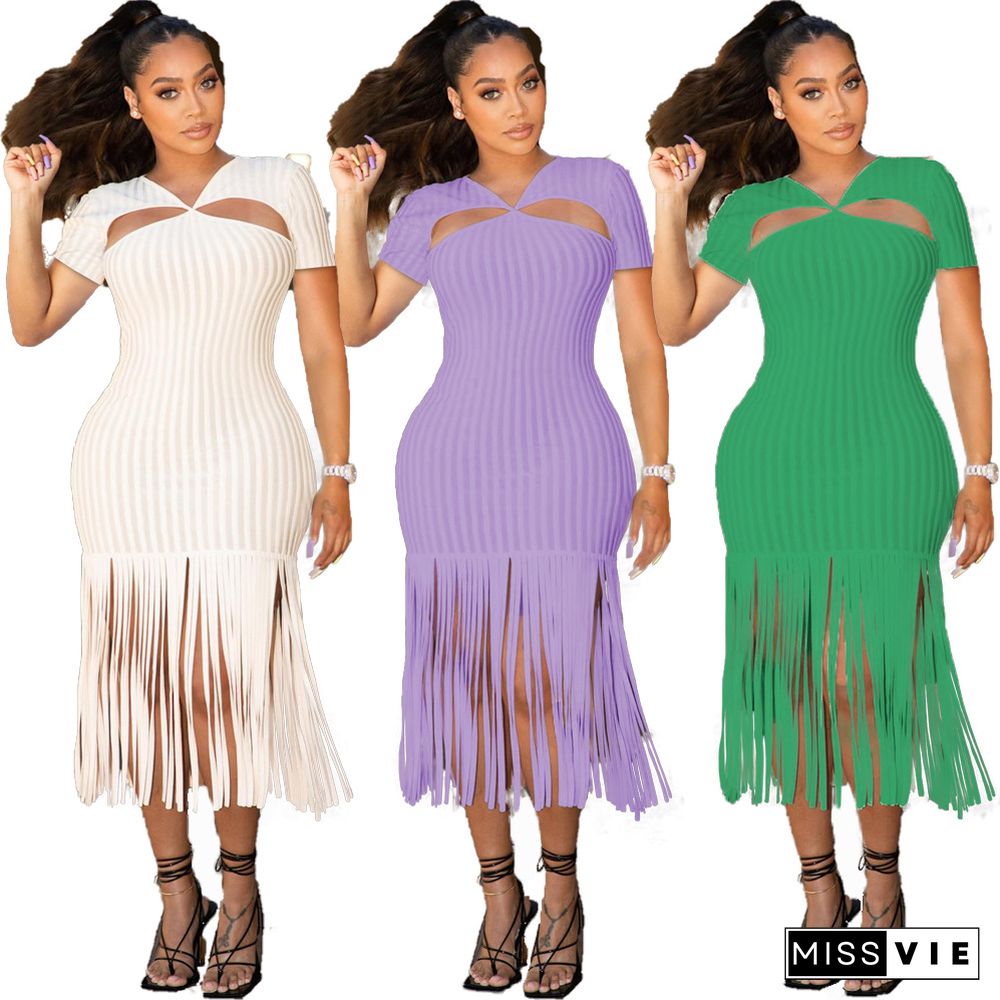 Short Sleeve Cut Out Backless Tassels Party Dresses