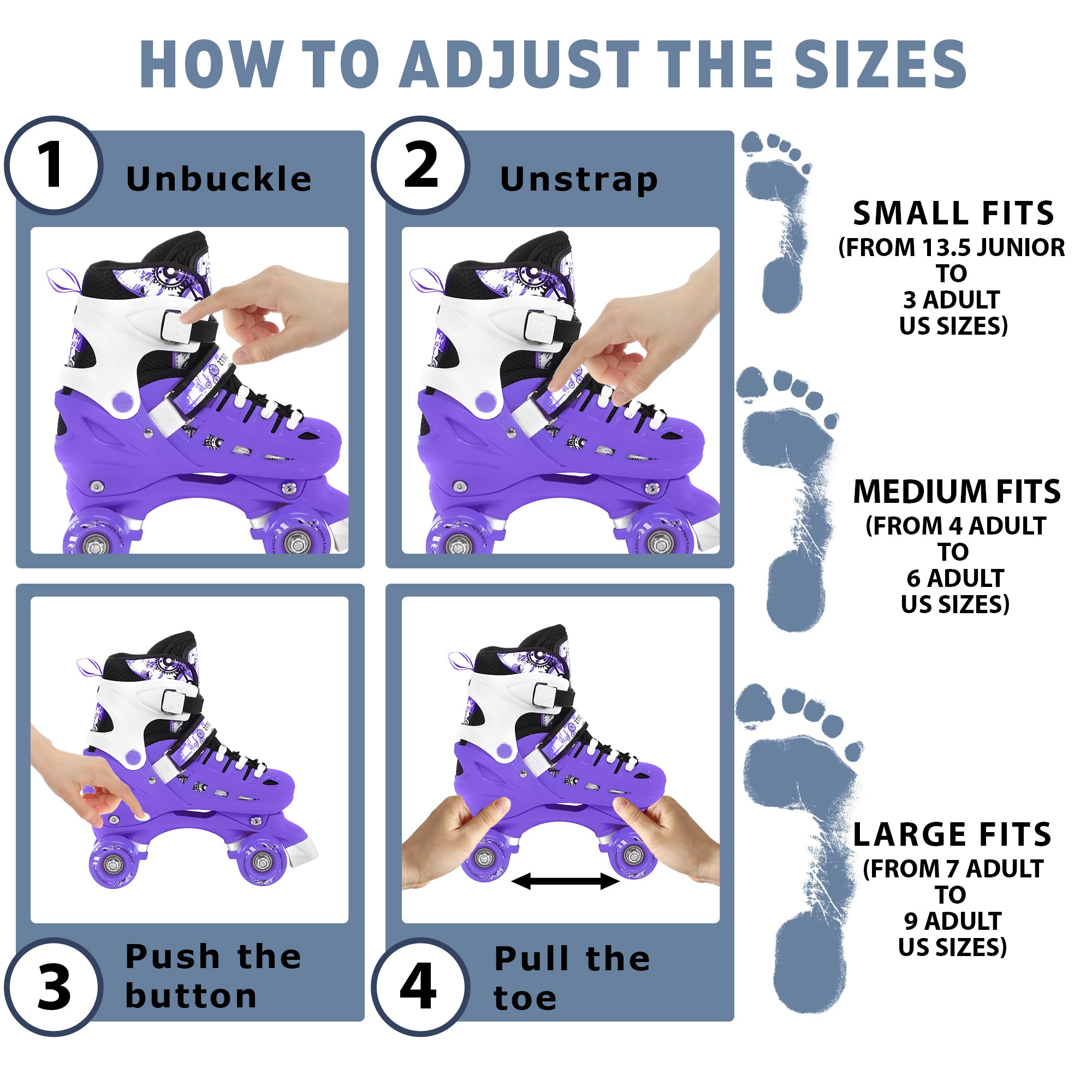 Adjustable Purple Quad Roller Skates For Kids Small Sizes