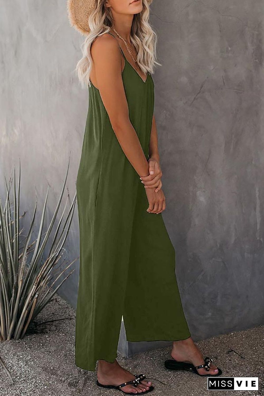 Casual Sling Solid Color Pocket Jumpsuit