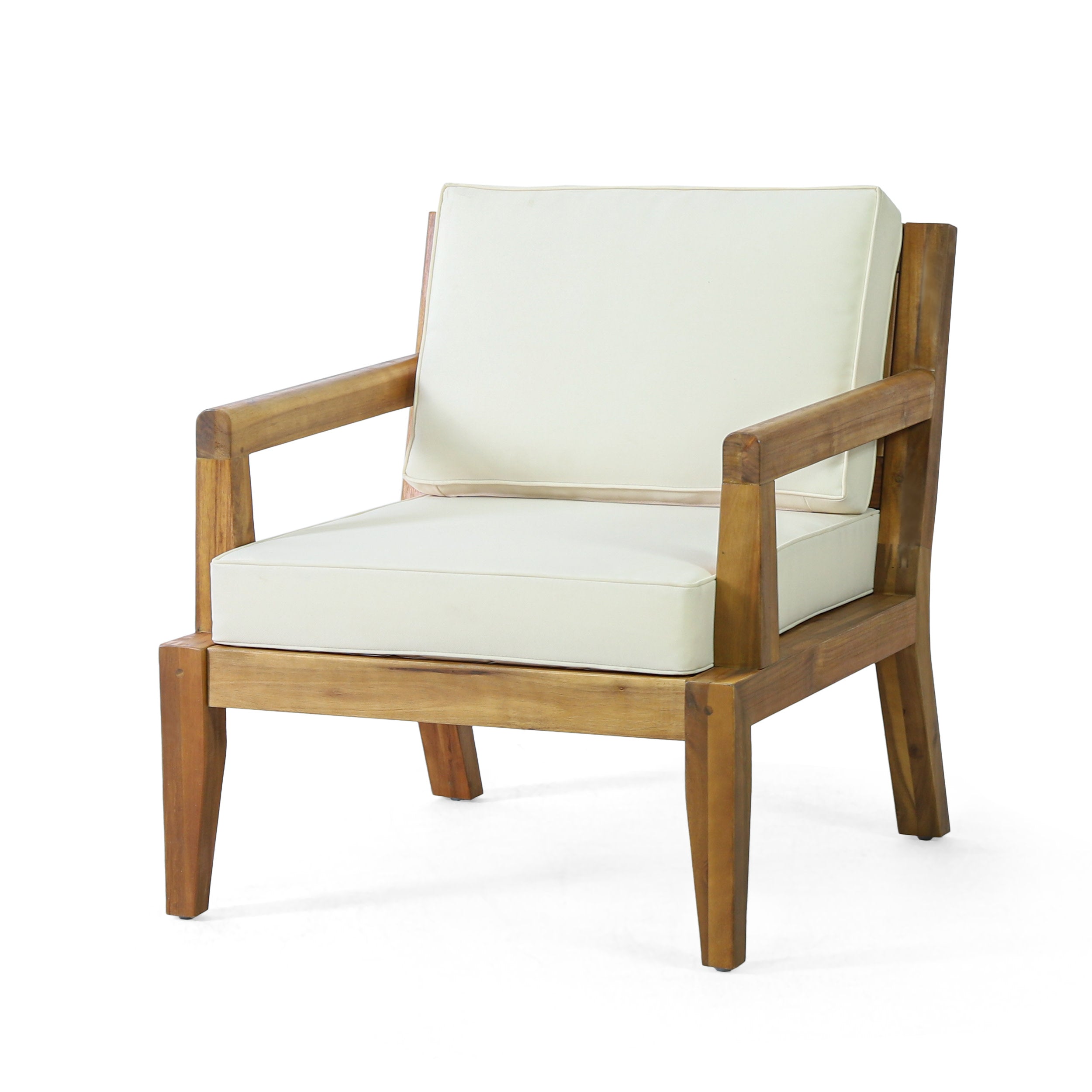 Camak Outdoor Acacia Wood Club Chair with Cushions, Teak and Beige