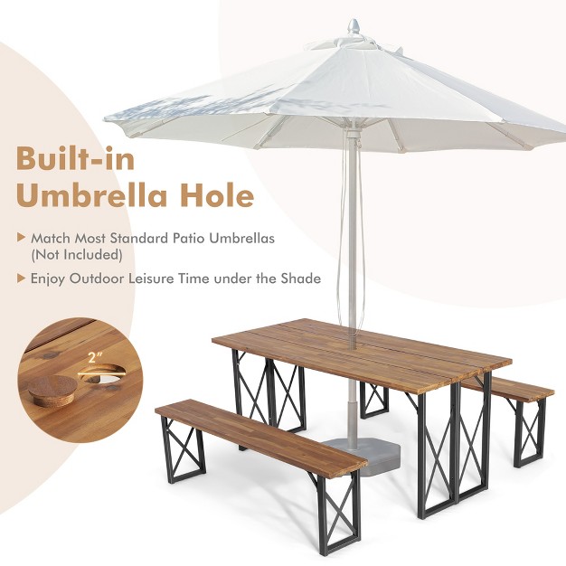 Costway 3 Pcs Outdoor Acacia Wood Patio Dining Table Bench Set With 2 x27 x27 Umbrella Hole