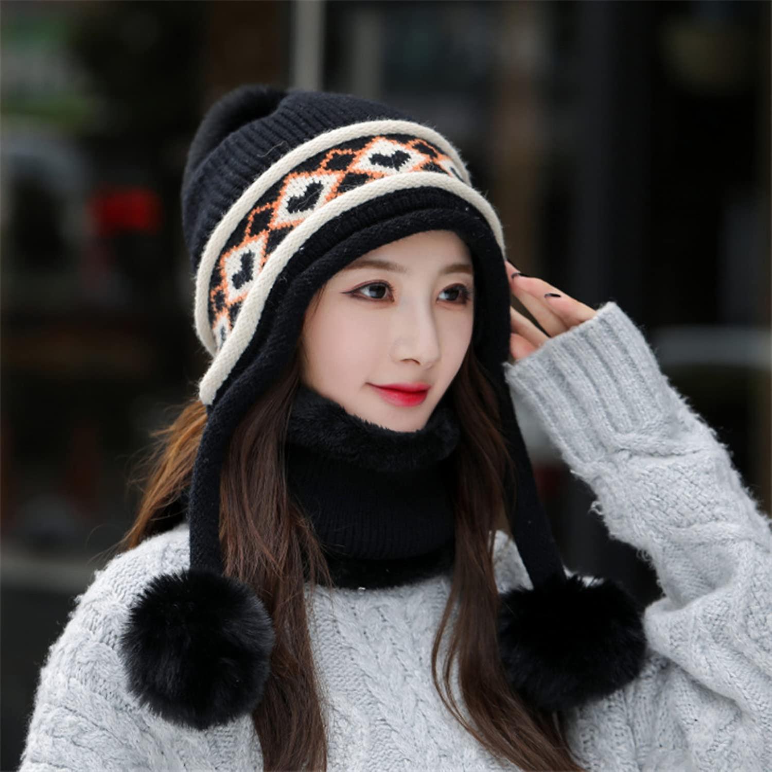 Women Winter Beanie Hat Peruvian Circle Scarf Set Ski Ear Flaps Caps Dual Layered Fleece Lined Pompoms E1450215-black -