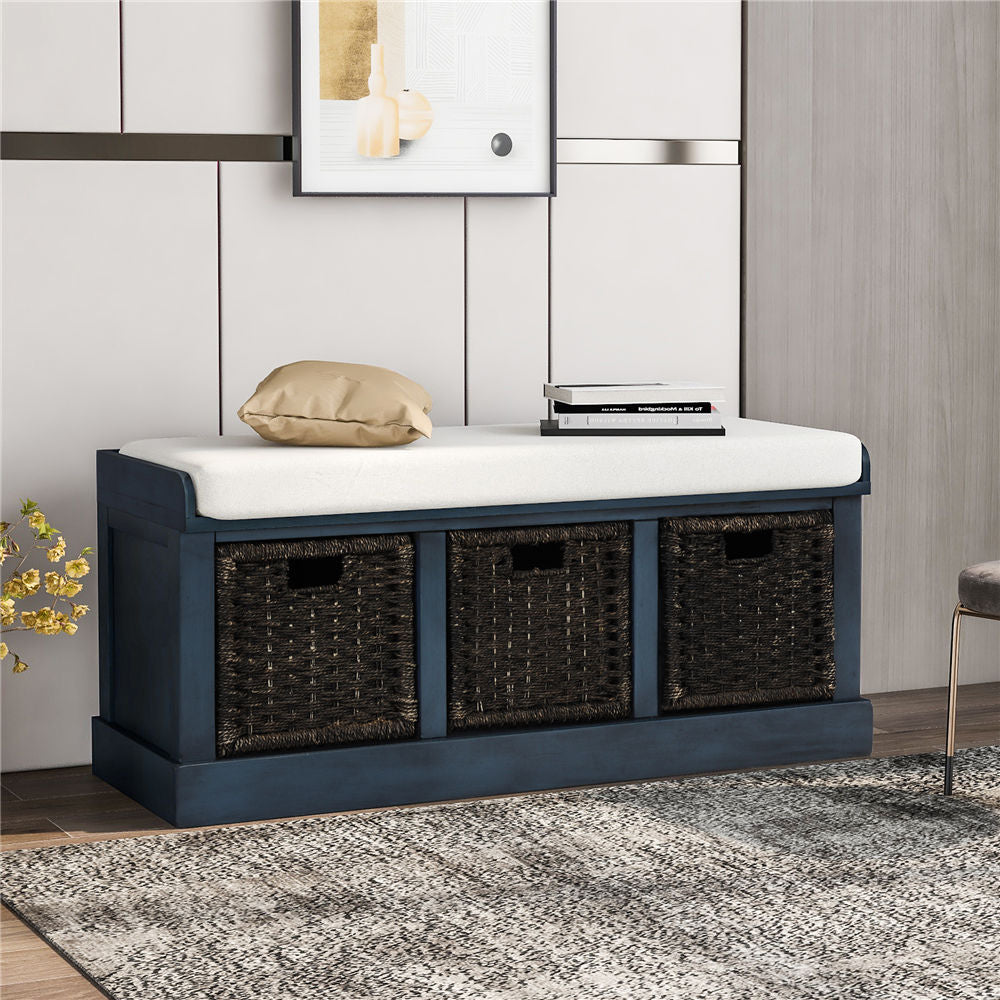 3 Cube Storage Bench Wooden Sofa Seat Bench with 3 Wicker Baskets Removable Cushion Organizer Storage Bench Ottoman for Hallway Bedroom Living Room No Assemble Needed Navy