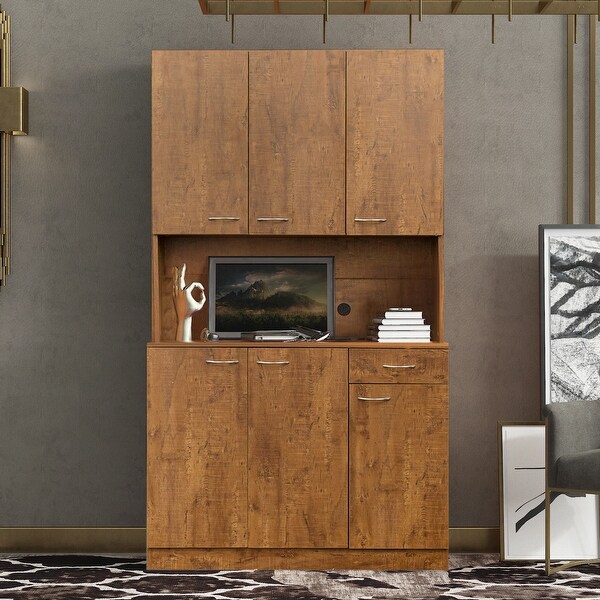 Rustic Farmhouse Tall Wardrobe， Armoire with Shelves， Open Compartment and Drawer， Freestanding Storage Closet Wardrobe Cabinet - - 36577353