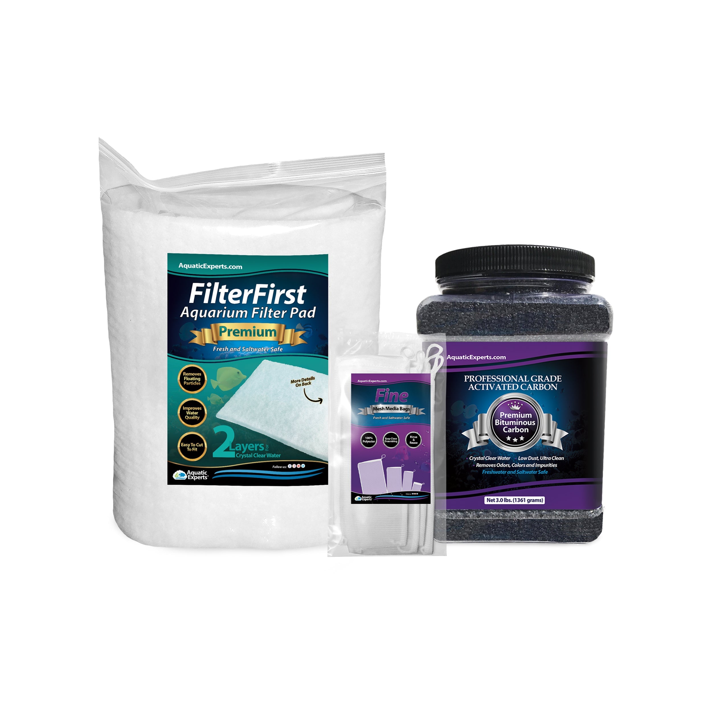 Aquatic Experts - 4 Pack Fine Mesh Bag 3"x8" + Carbon 3.0 + FilterFirst 12"x72" Bundle