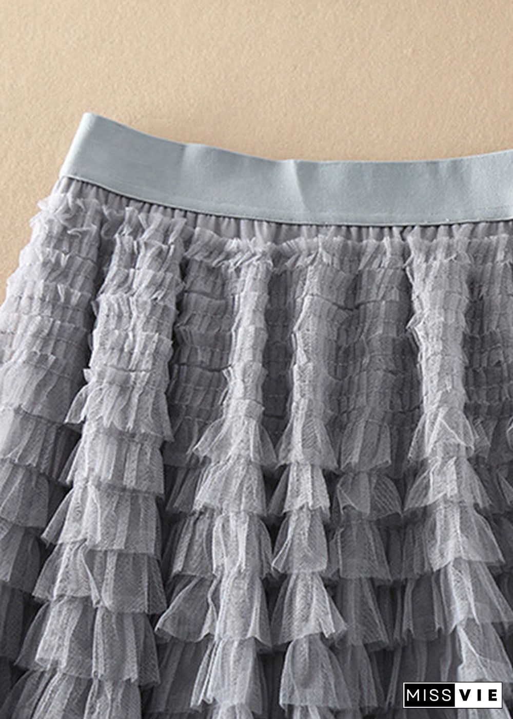 Loose Grey elastic waist Patchwork Tulle Skirt Spring