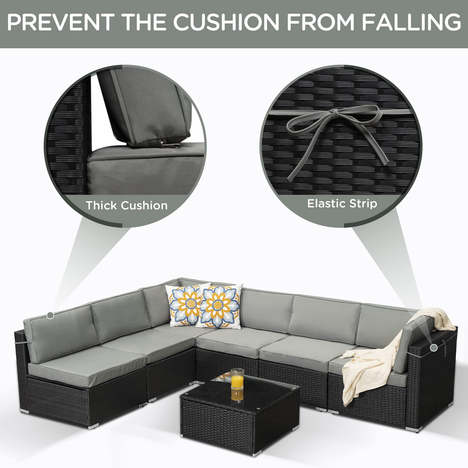 Royalcraft 7 Pieces Patio Conversation Sets， All-Weather PE Black Wicker Outdoor Rattan Sectional Sofa， Patio Sofa Couch with Table and Grey Cushions