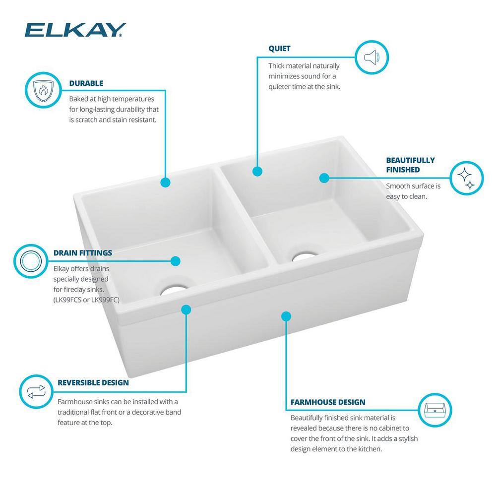 Elkay Explore Farmhouse Apron Front Fireclay 33 in. Double Bowl Kitchen Sink in White SWUF32189WH