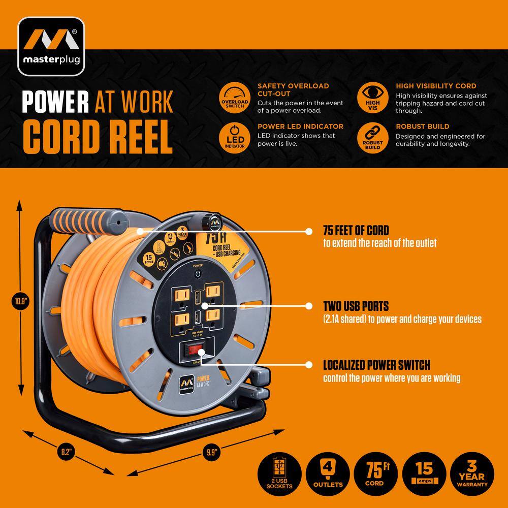 Masterplug 75 ft 15 Amp 12 AWG Large Open Reel with USB Charging and 4-Sockets OLP751512G4SLU