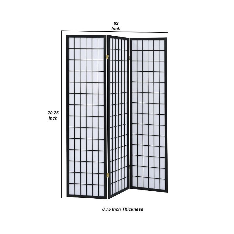 3 Panel Screen with Grid Design Wooden Frame， Black