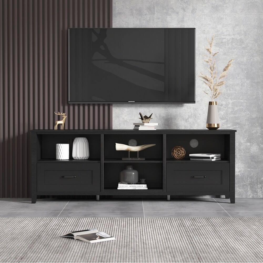 70.08 Inch Black TV Stand with 2 Drawers and 4 High Capacity Storage Compartment.