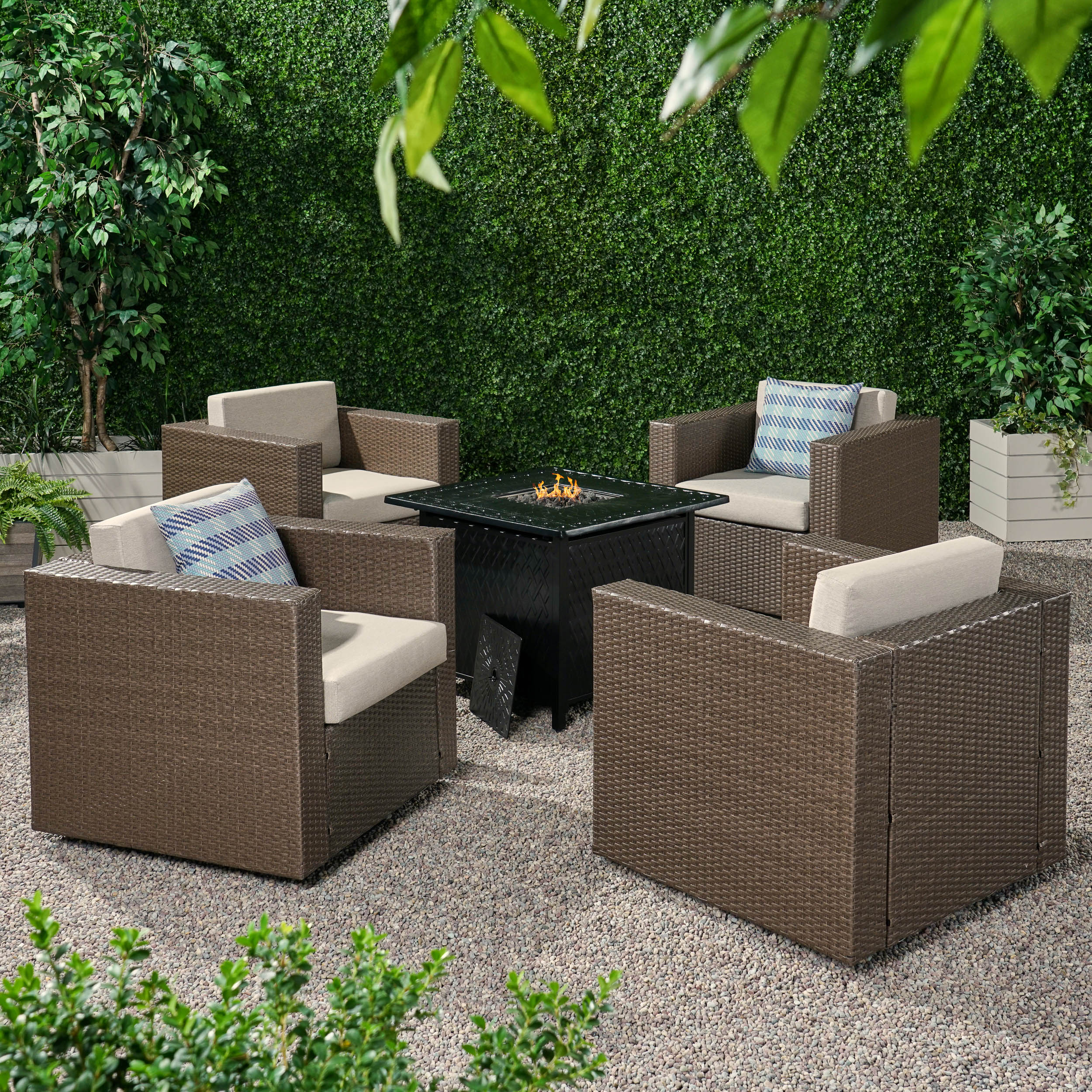 Calella Outdoor 4 Seater Wicker Swivel Chair and Fire Pit Set