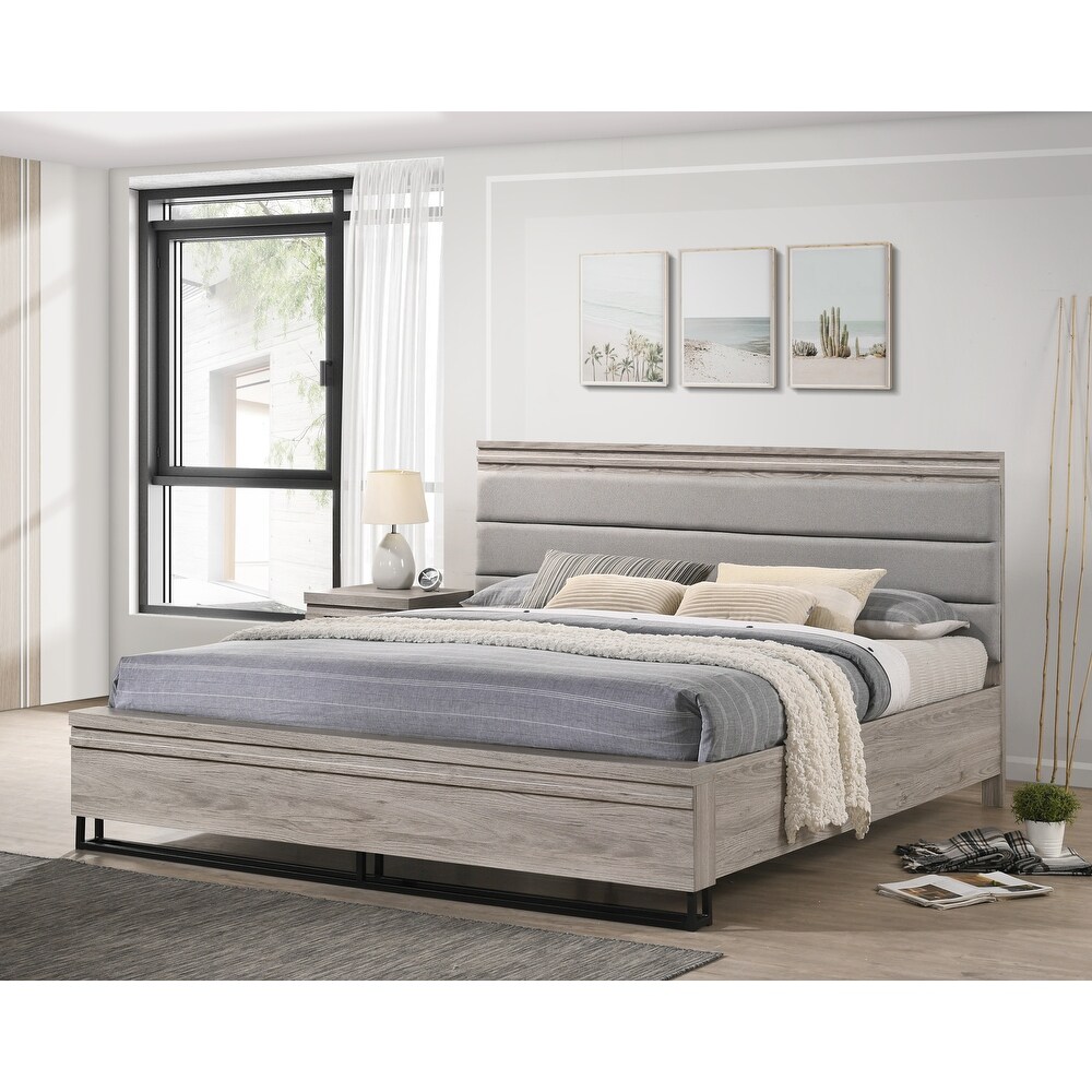 Roundhill Furniture Alvear Upholstered Wood Wallbed Bed with White LED Lights  2 Nightstands  Weathered Gray