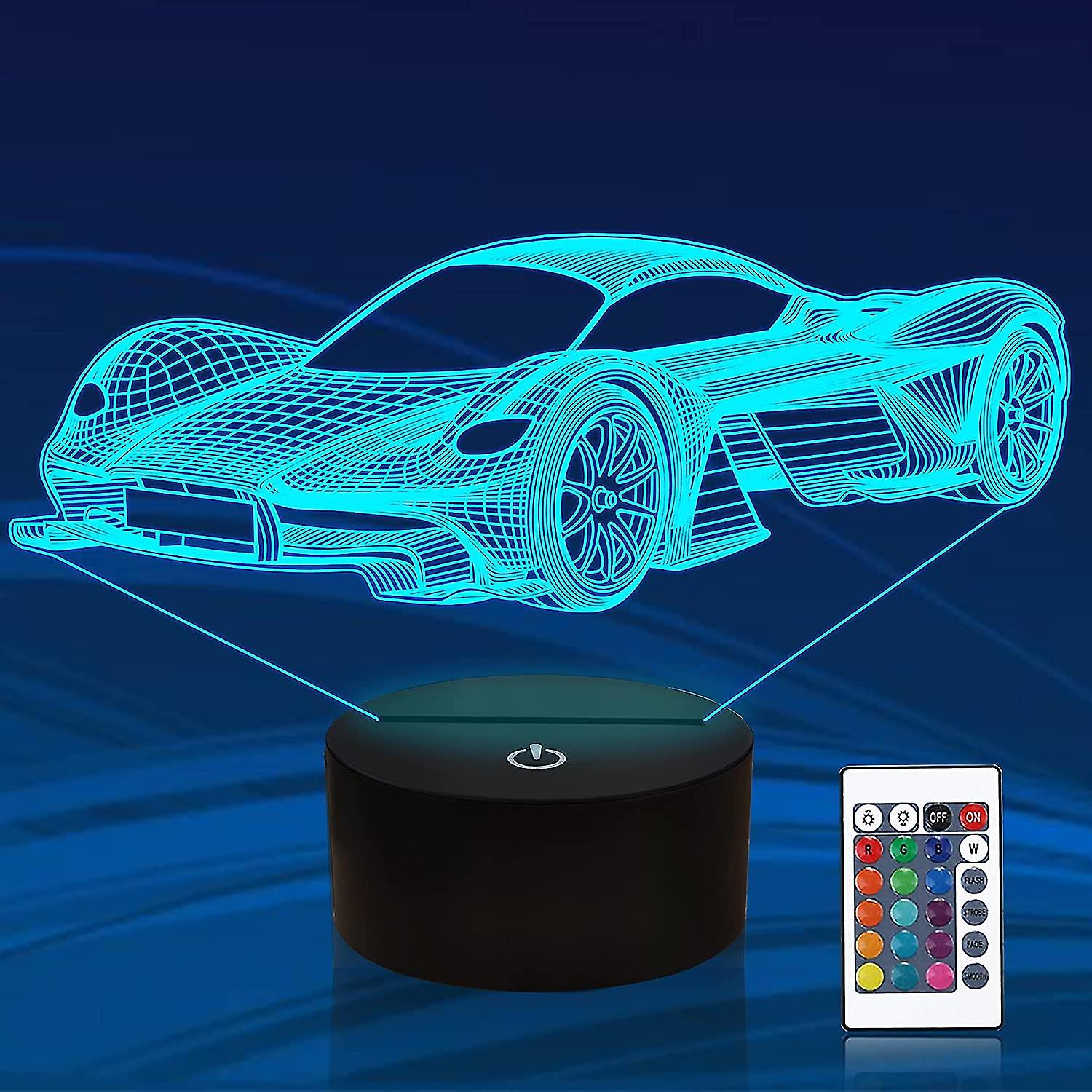 Kid's Car 3d Night Light， Sports Racing Illusion Optical Bedside Lamp 16 Colors Changing