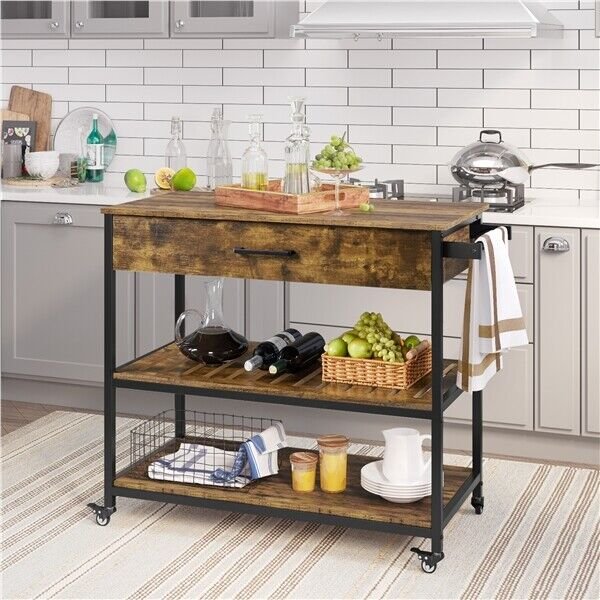 Rolling Kitchen Cart Serving Cart on Wheels w/Drawer and Shelves， Rustic Brown