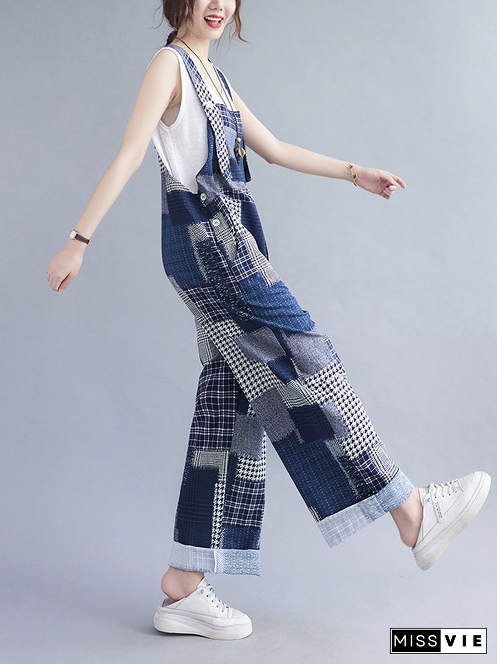 Artistic Retro Plaid Square-Neck Sleeveless Overalls