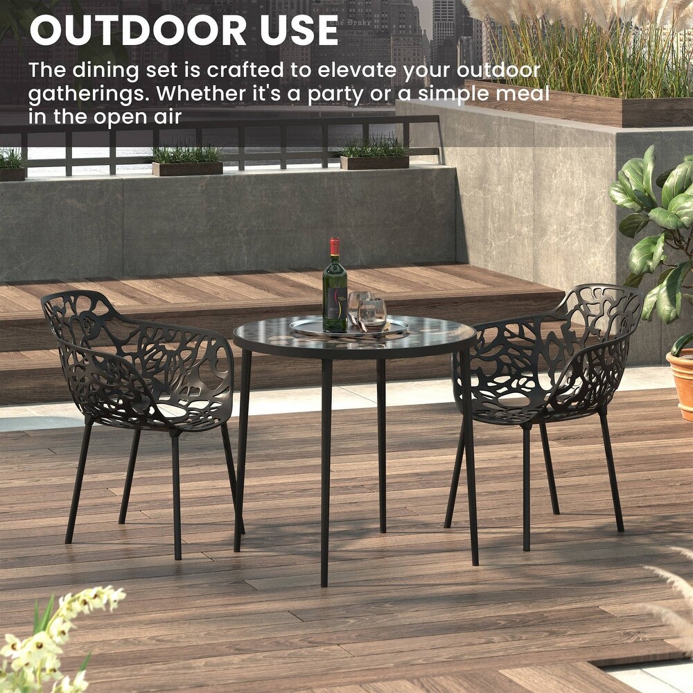 LeisureMod Devon 3 Piece Patio Dining Set with Table and 2 Arm Chairs