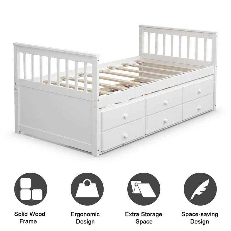 Twin Captain's Bed with Trundle Bed, Storage Daybed with 3 Drawers, Wooden Platform Bed for Kids Guests Sleepovers