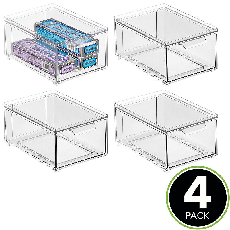 mDesign Clarity 8 x 6 x 4 Plastic Stackable Bathroom Storage Organizer with Drawer， 4 Pack