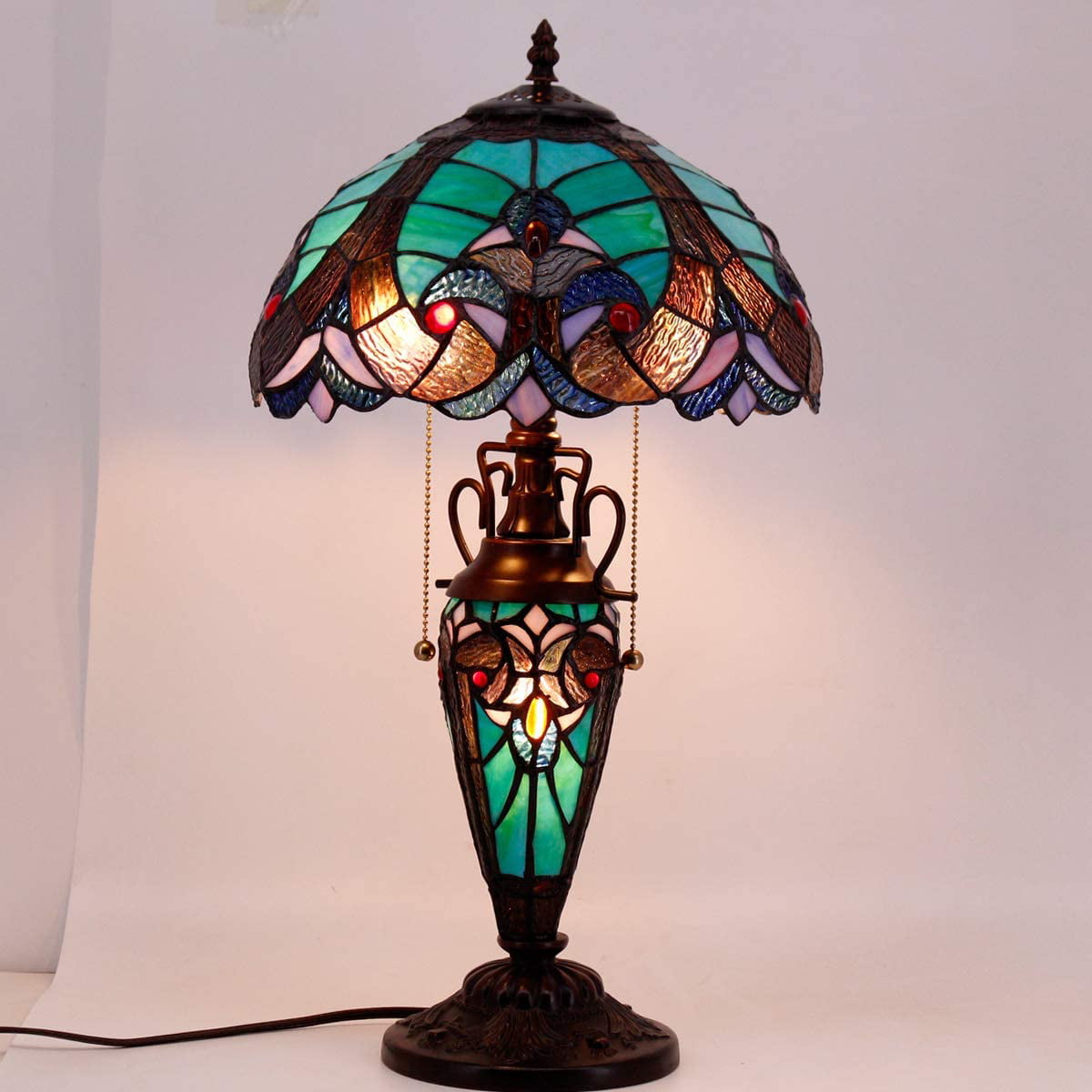 GEDUBIUBOO Tiffany Style Table Lamp Green Stained Glass Liaison Lamp 12X12X22 Inches Mother-Daughter Vase Desk Reading Light Decor Bedroom Living Room  Office S160G Series