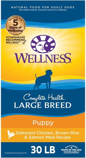 Wellness Large Breed Complete Health Puppy Deboned Chicken， Brown Rice and Salmon Meal Recipe Dry Dog Food