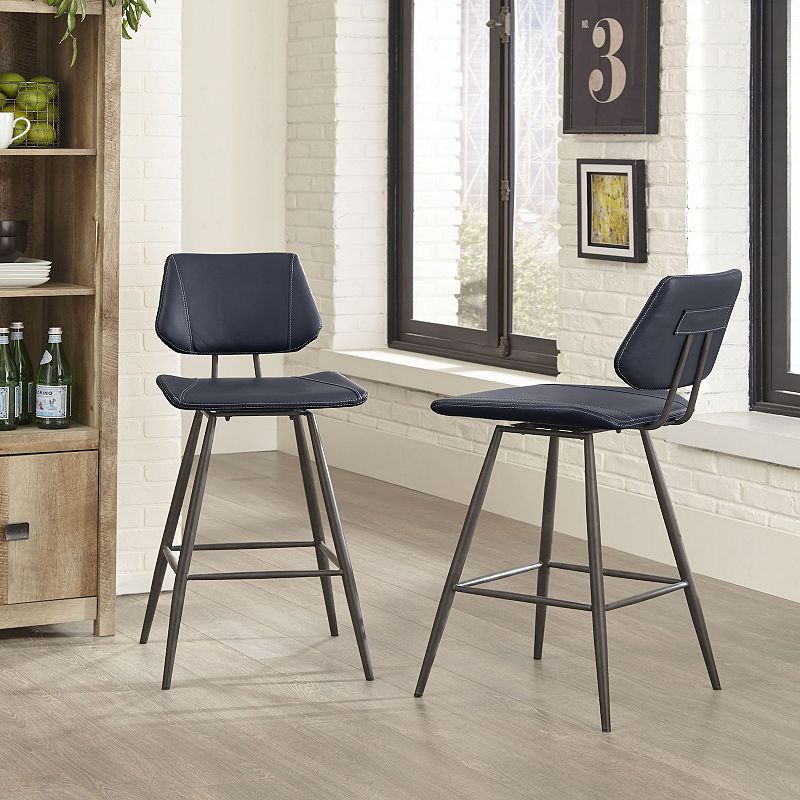 Leather Upholstered and Metal Bar Height Stool with Stitch Details， Black