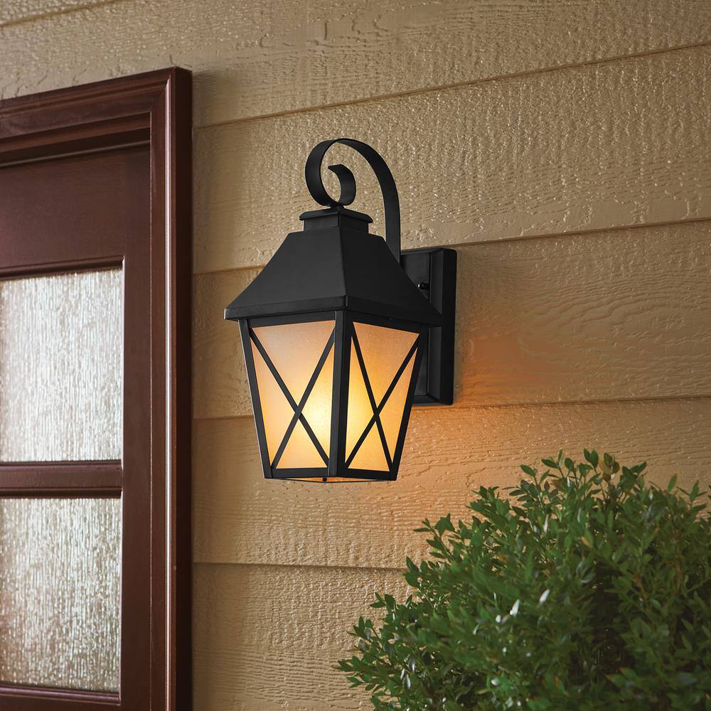 Hampton Bay 1-Light Midnight Black Integrated LED Outdoor Flicker Flame Effect Decorative Selectable Color Lantern Sconce Wall Light LAN153WYBLKHD