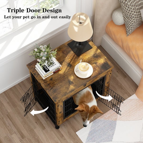 Grondin Industrial Style Wooden Dog Crate Furniture Style Dog Kennel with 3 Doors and Bottom Slide Out Tray