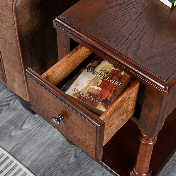 End Table with Drawer， Solid Wood 2 Tier End Side Table