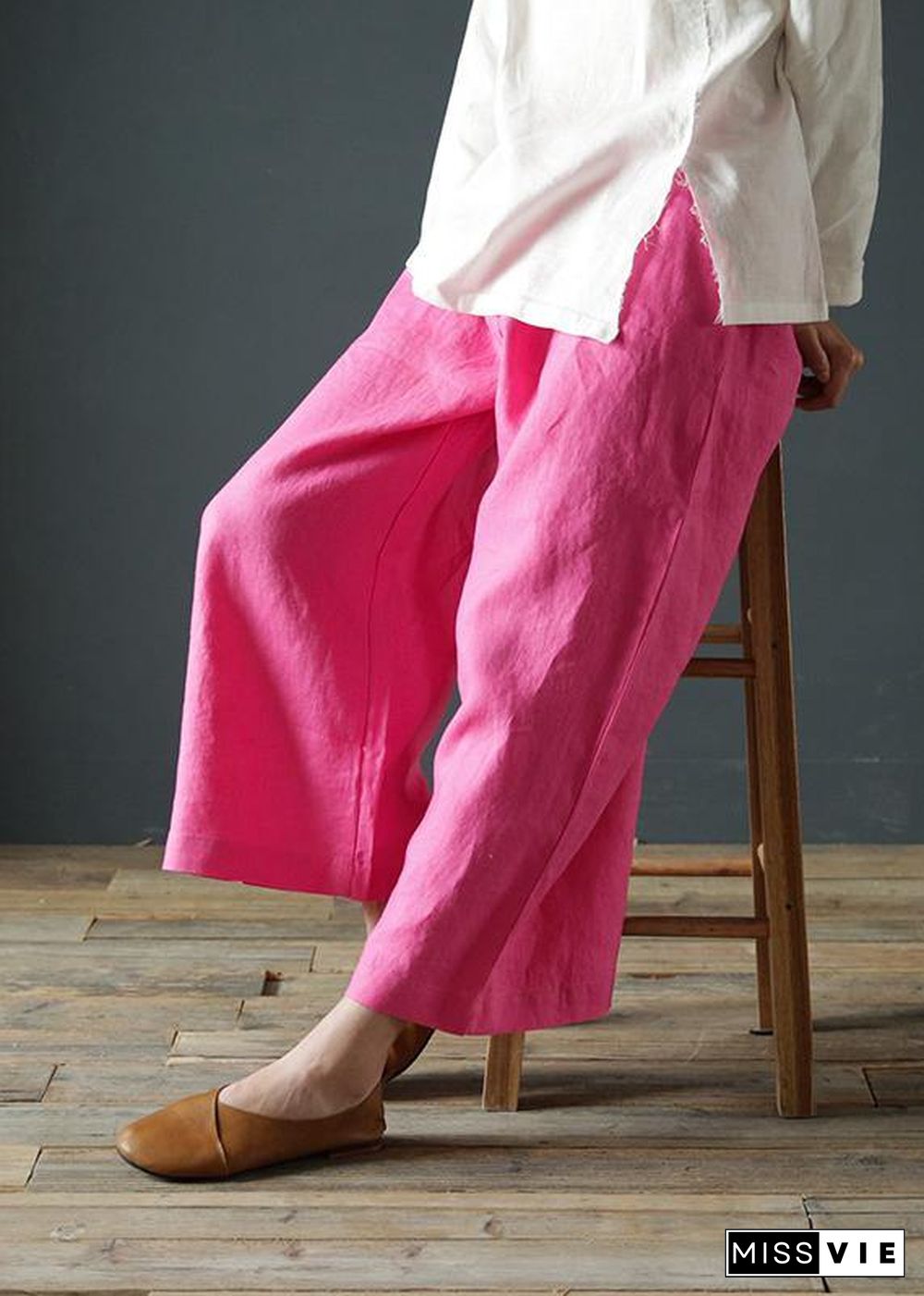 Original design cotton and linen pants retro elastic waist wide-leg pants