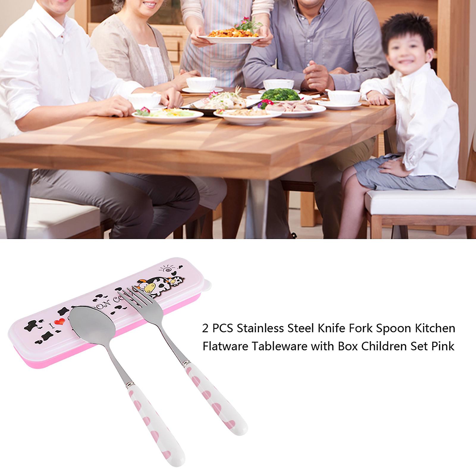 2 Pcs Stainless Steel Knife Fork Spoon Kitchen Flatware Tableware With Box Children Set Pink