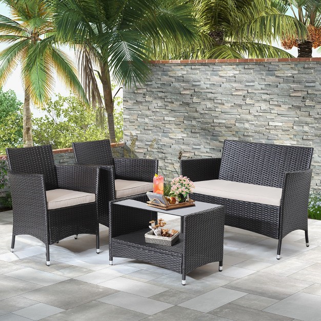 Costway 8pcs Patio Rattan Furniture Set Armrest Cushion Sofa Coffee Table With Shelf Garden