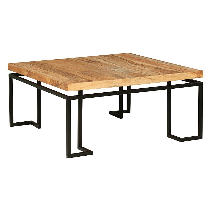 Square Coffee Table with Wooden Top and Geometric Frame， Brown and Black