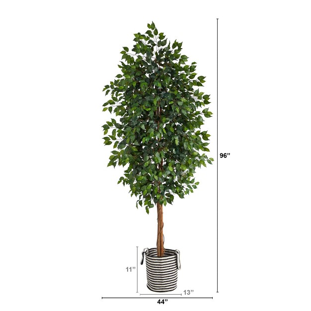 Nearly Natural 8-ft Ficus Artificial Tree In Handmade Black And White Natural Jute And Cotton Planter