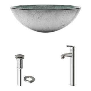 VIGO Glass Round Vessel Bathroom Sink in Silver with Seville Faucet and Pop-Up Drain in Brushed Nickel VGT838