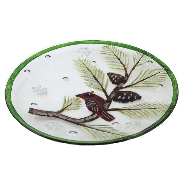 Tabletop Winter Cardinal Platter One Platter Inches Red Bird Snowflakes Pine Cones Xm1194 Glass Green